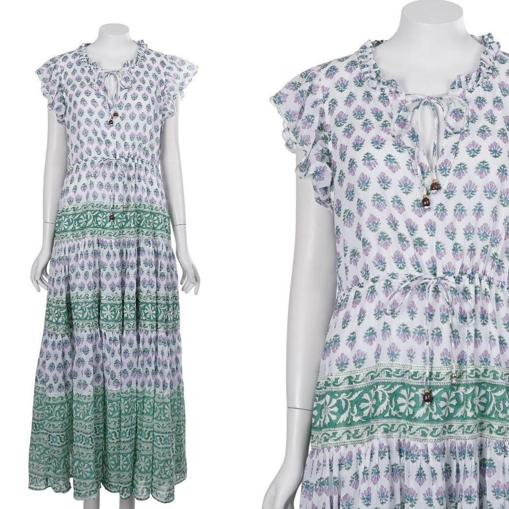 OLIPHANT Dress L Floral Print Cotton Cap Sleeve Tie-Neck A-Line Maxi Casual